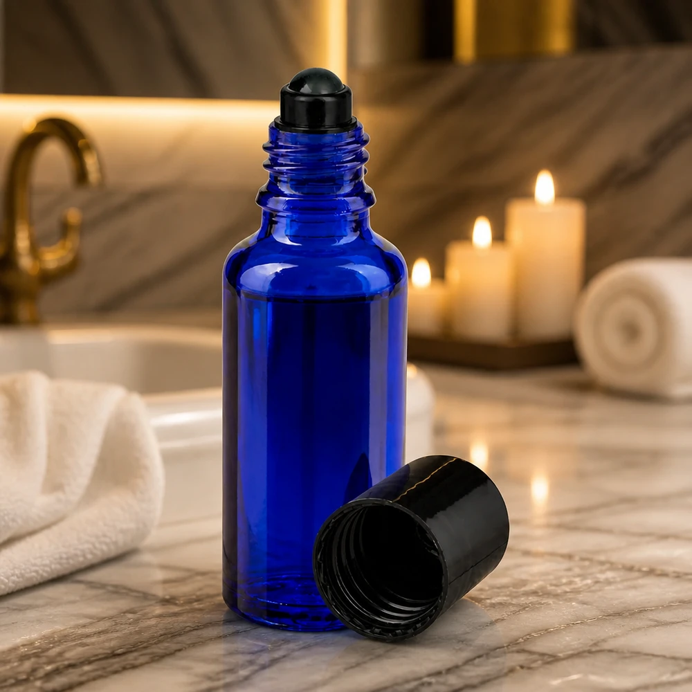 Kleine blaue Aromatherapie Rollflasche 30ml aus Apothekerglas mit Kugelverschluss
