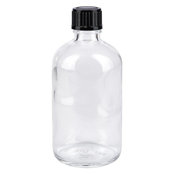 Lékárenská lahvička čirá 100ml kapátko standardní 1mm černé Lékárenská lahvička čirá 100ml kapátko standardní 1mm černé