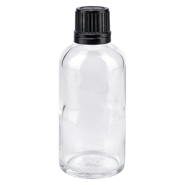 Lékárenská láhev čirá 50ml kapací uzávěr nalévací kroužek 1mm černý tamper evidentní uzávěr Lékárenská láhev čirá 50ml kapací uzávěr nalévací kroužek 1mm černý tamper evidentní uzávěr