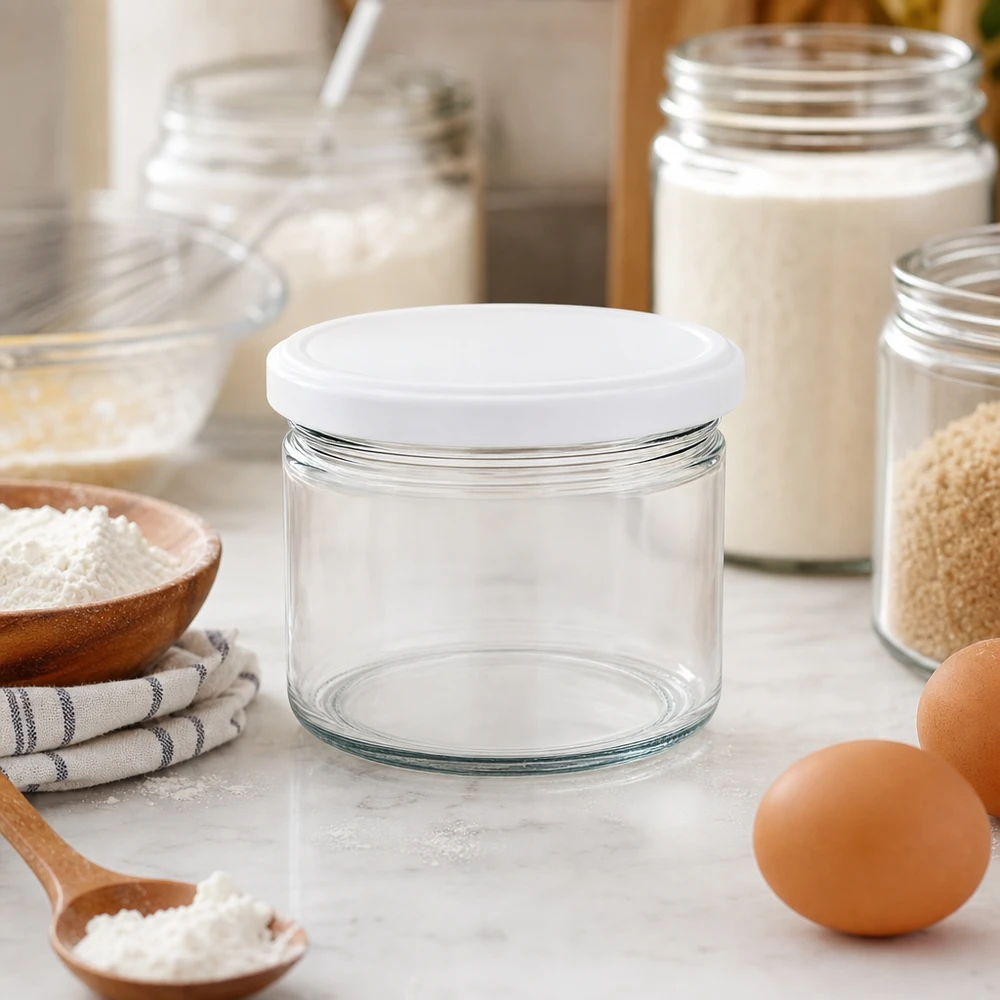 540ml kulatá sklenice s víčkem BasicSeal bílá UNiTWIST 540ml Rundglas BasicSeal weiß in stylischer Küche mit Backzutaten - elegantes Vorratsglas für Mehl und Backen