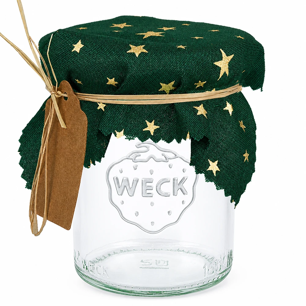 Látkový ubrousek na šperky zelený "hvězdy" 12cm čtvercový Grünes Stoffdeckchen mit goldenen Sternen auf Weck-Glas, quadratisch 12cm, Schmuckdeckchen für Einmachgläser