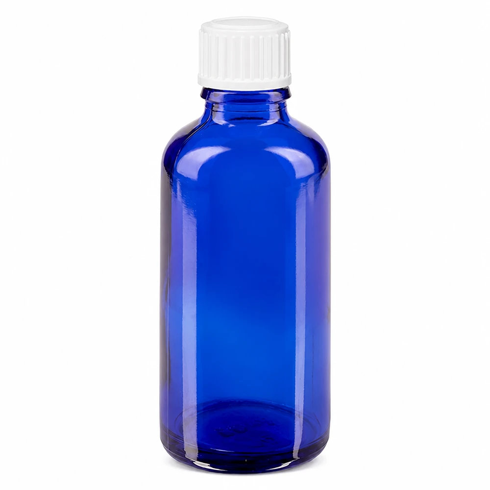 Lékárenská láhev modrá 50ml kapací uzávěr bílý 0,8mm standardní ApoGlas Tropfflasche 50ml blau mit präzisem 0,9mm Tropfer ideal für Tinkturen und Öle