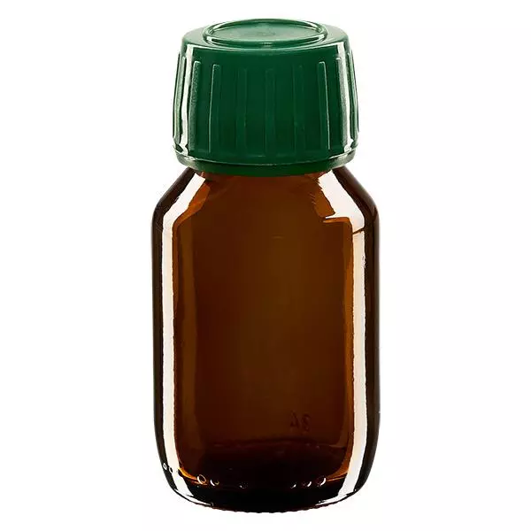 50ml lahvička na léky hnědá, uzávěr zelený s pojistným kroužkem proti neoprávněné manipulaci ApoGlas 50ml lahvička na léky hnědá, uzávěr zelený s pojistným kroužkem proti neoprávněné manipulaci ApoGlas