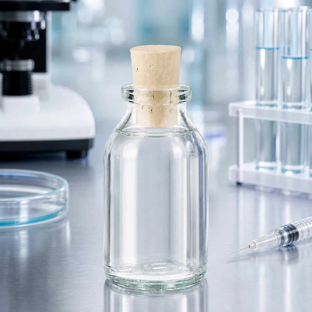 Láhev z čirého skla 20ml se zátkou 11/14mm Leere transparente 20ml Flasche mit Korkstopfen als Probenbehälter im Wissenschaftslabor