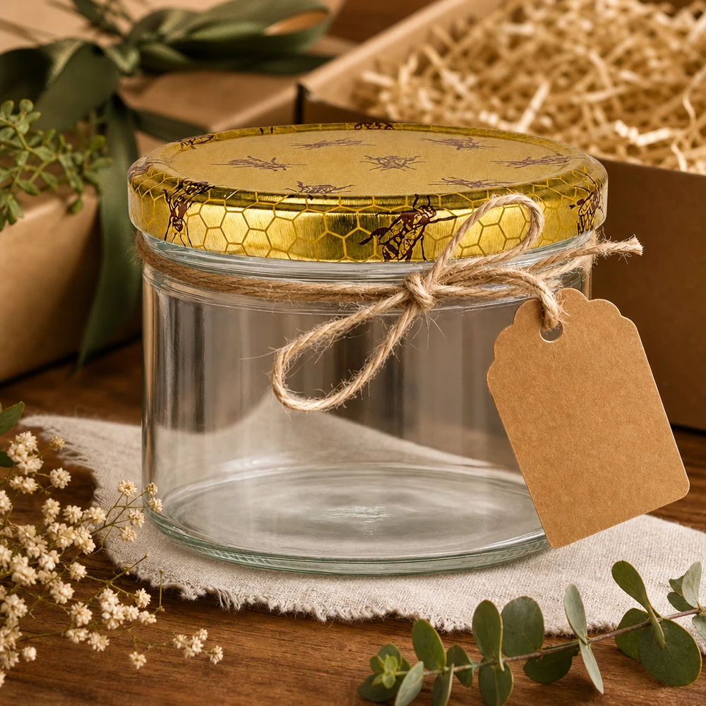 Skleněná nádoba o objemu 225 ml + víčko BasicSeal honeycomb UNiTWIST 225ml Sturzglas leer BasicSeal Bienenwaben-Deckel Geschenkverpackung Bastband Kraftpapier-Anhänger Dekoration