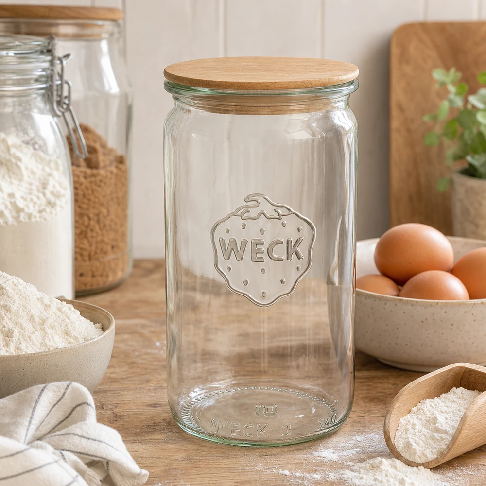 340ml válcová sklenice WECK RR60 s dřevěným víčkem buk. WECK Zylinderglas 340ml RR60 Holzdeckel in Küche mit Mehl Eiern und Vorratsgläsern als Backzubehör Aufbewahrung