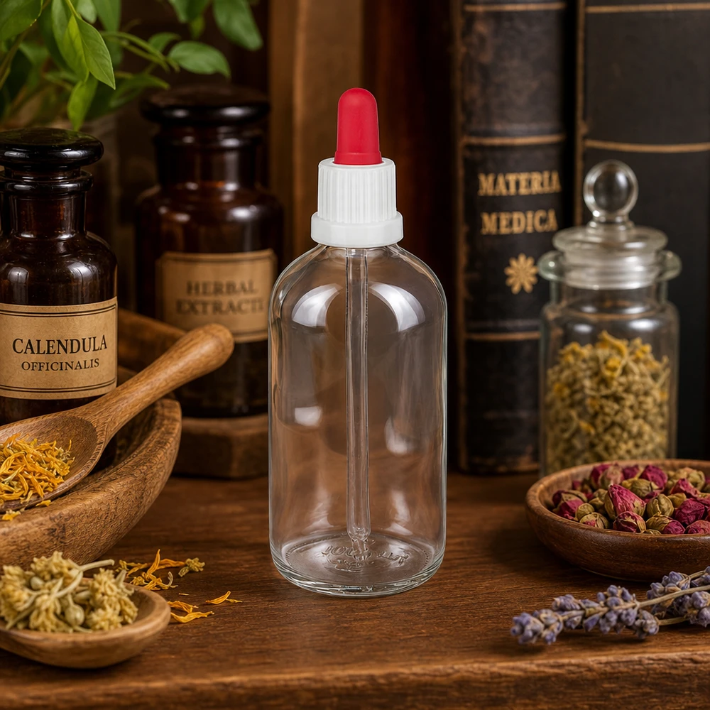 100ml pipetovací láhev bílá/červený uzávěr s ochranou proti manipulaci ClearLine UT18/100 100ml Flasche mit Glaspipette und rotem Saugball für präzise Dosierung von Flüssigkeiten weiss