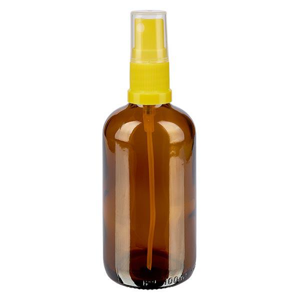 Lékárenská lahvička hnědá 100ml rozprašovací víčko žlutá Lékárenská lahvička hnědá 100ml rozprašovací víčko žlutá