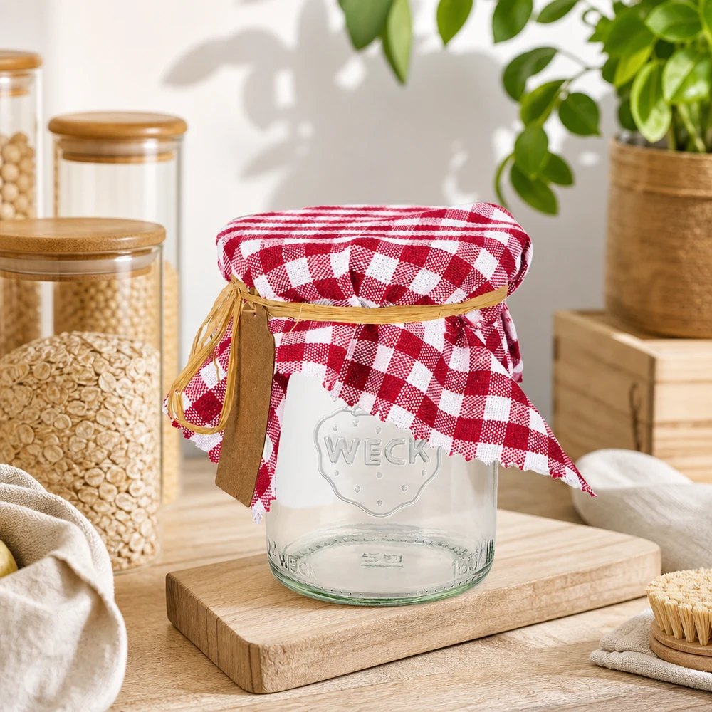 Látkový ubrousek na šperky bordó kostkovaný 15cm čtvercový Bordeaux-kariertes Stoffdeckchen auf Einmachglas in skandinavischer Küche mit Holzaccessoires und Grünpflanzen