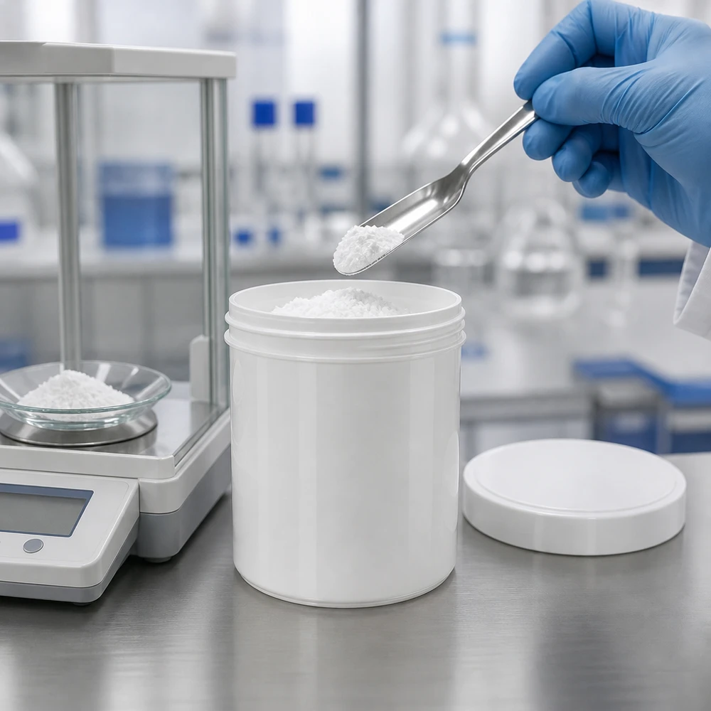 Pracovník laboratoře plní bílou plastovou nádobu o objemu 800 g se šroubovacím víčkem pomocí kovové špachtle