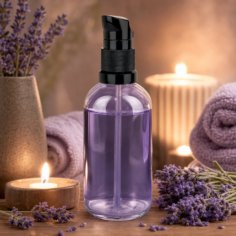 100ml láhev s pumpičkou černá standardní uzávěr ClearLine UT18/100 Kleine 100ml Pumpspender Klarglas schwarzer Verschluss Lavendelessenz Naturkosmetik Ambiente