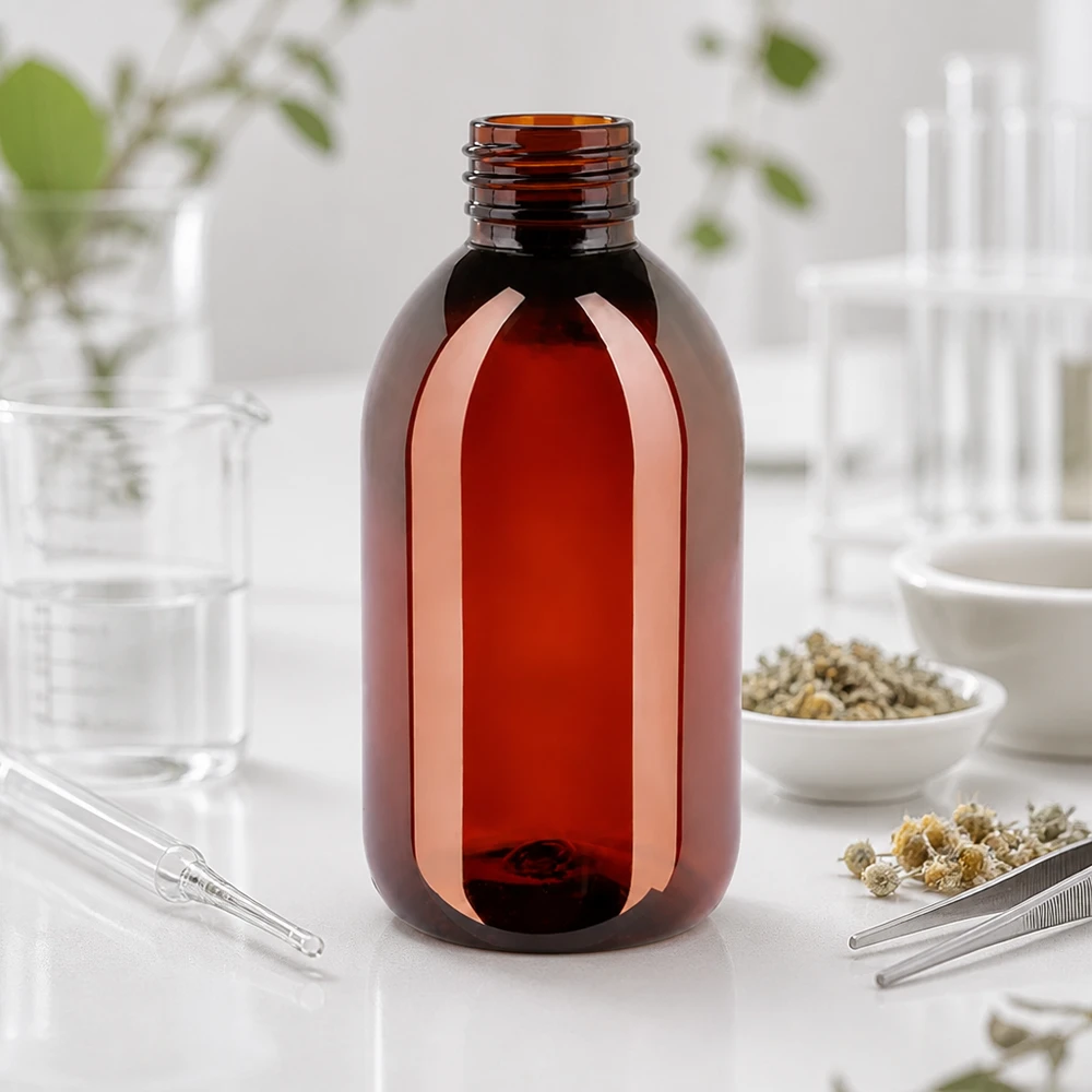 Prázdná hnědá lahvička na léky o objemu 250 ml bez víčka, vyrobená z PET plastu, určená pro tekutiny
