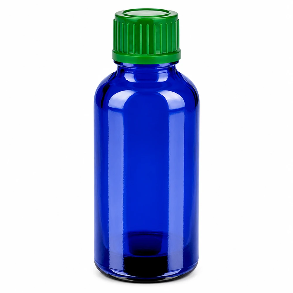 30ml Tropfflasche aus UV-schützendem blauen Glas mit grünem Verschluss für Tinkturen