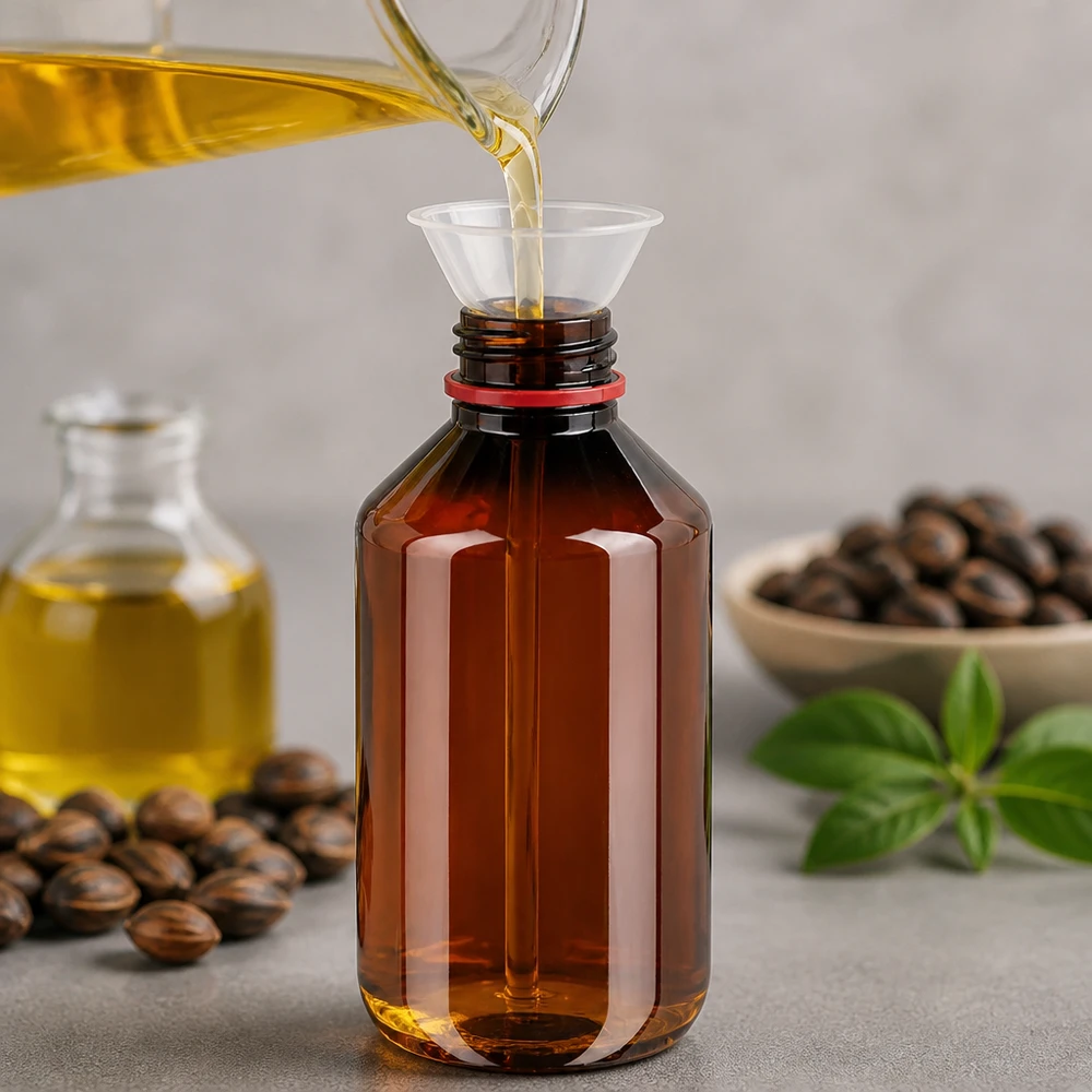 Hnědá PET láhev o objemu 200 ml s originálním červeným uzávěrem při plnění rostlinným olejem pomocí trychtýře