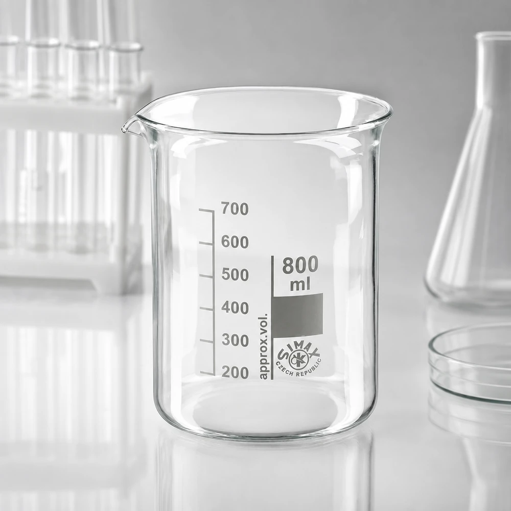 Kádinka 800 ml z borosilikátového skla, nízký tvar Laborbecher 800ml aus Borosilikatglas mit präziser Volumenskala für exakte Dosierung