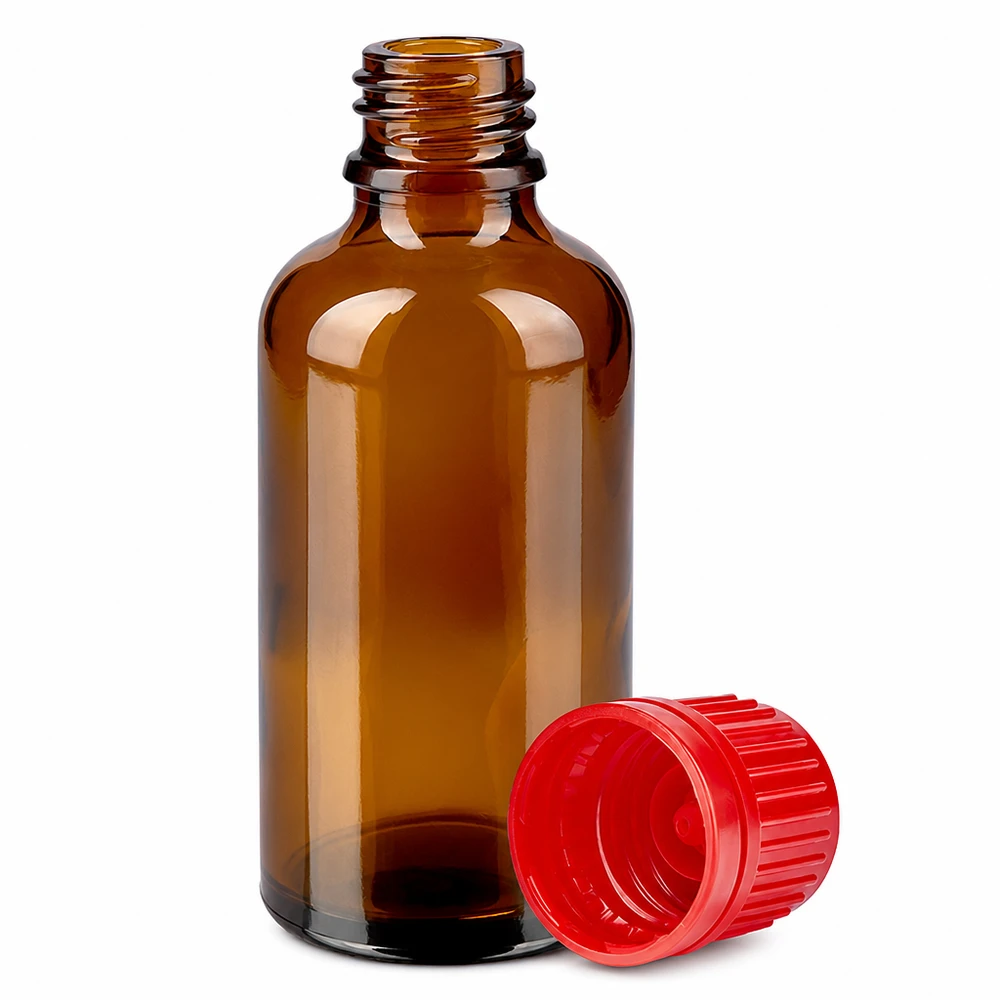 50ml láhev 11mm šroubovací uzávěr červený tamper evidentní uzávěr BrownLine UT18/50 Kompakte 50ml Braunflasche mit rotem Sicherheitsverschluss für Labor und Kosmetik
