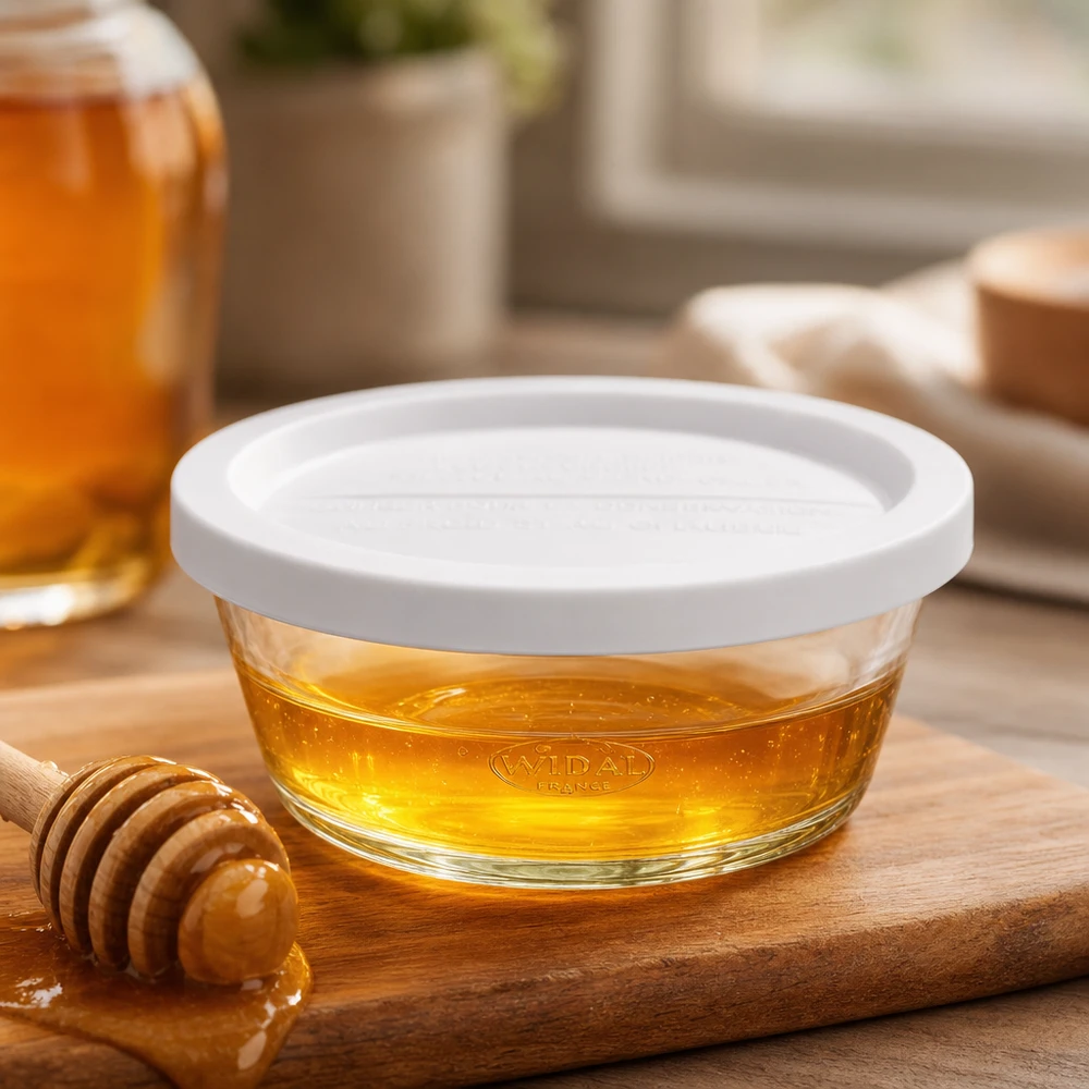 WECK RR120 Gourmetglas 300ml gefüllt mit Honig auf Holzbrett mit Honiglöffel als Anwendungsbeispiel