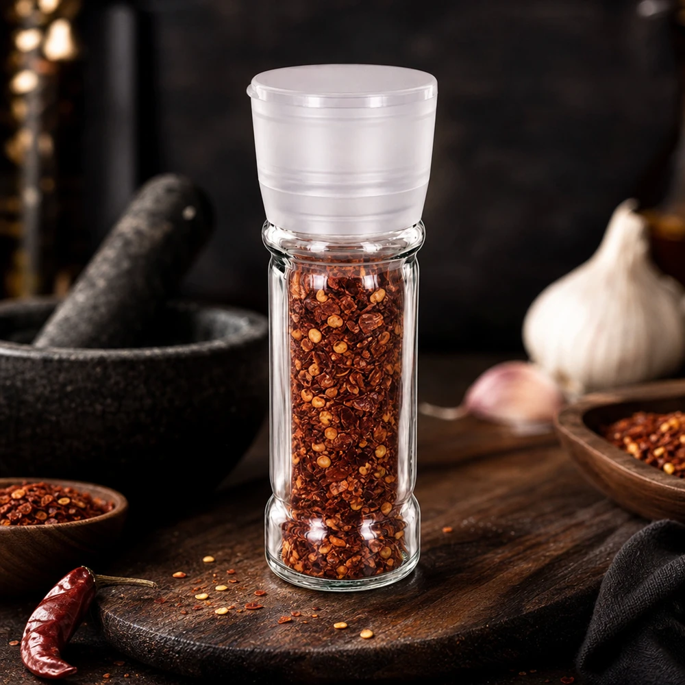 Nachfüllbares 100ml Gewürzglas mit weißer Vario Mühle als praktisches Küchenzubehör für Chili