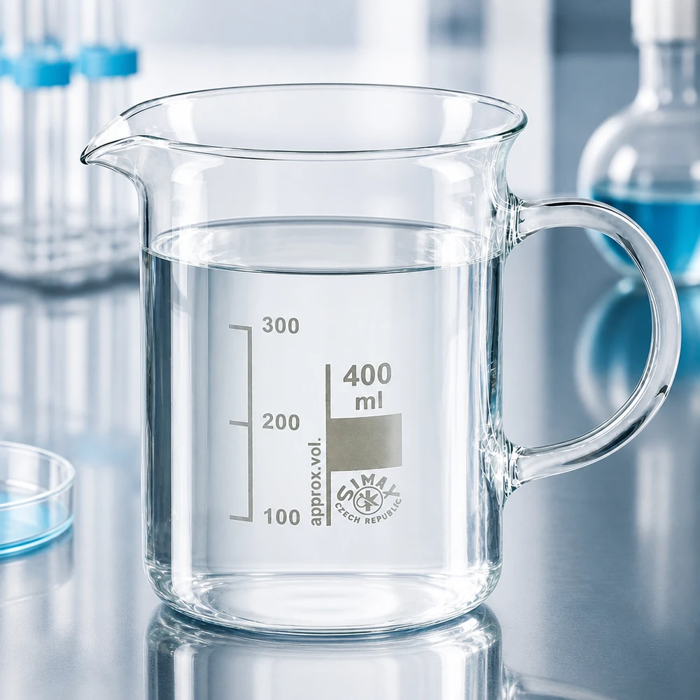 Kádinka z borosilikátového skla o objemu 400 ml, s rukojetí Hochwandiges Becherglas 400ml mit Henkel dickwandiges Borosilikatglas SIMAX Czech Republic