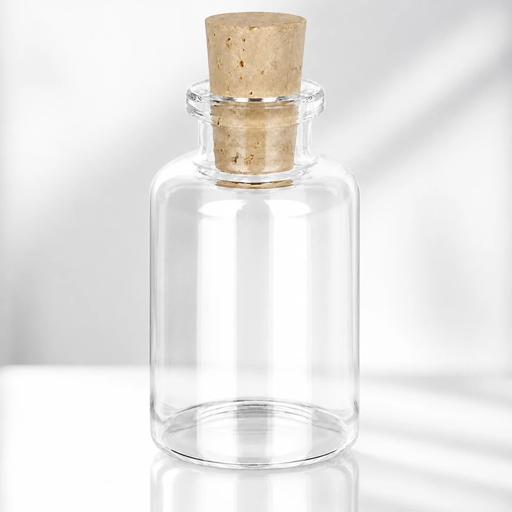 Láhev z bezbarvého skla 30ml se zátkou 11/14mm Glasflasche mit breitem Korpus 30ml und konischem Korken 11/14mm aus natürlichem Material