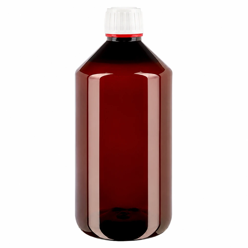 PET láhev 750ml s bílým/červeným uzávěrem s možností manipulace s ním. PET láhev 750 ml, hnědá, s originálním uzávěrem v barvách bílá a červená, pro farmaceutický a chemický průmysl