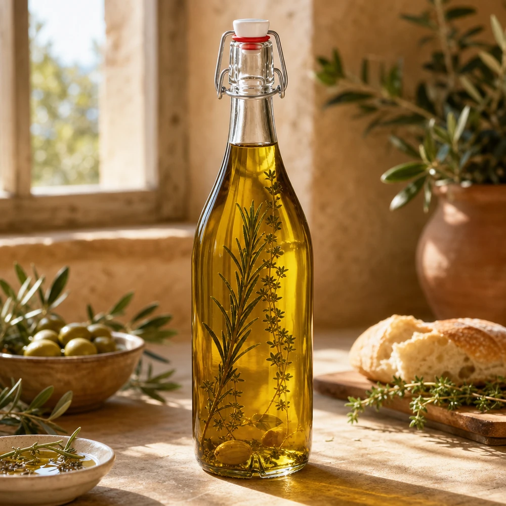 1000ml Glasflasche Bügelverschluss mit Olivenöl und Kräutern gefüllt mediterrane Küche Lifestyle Anwendung