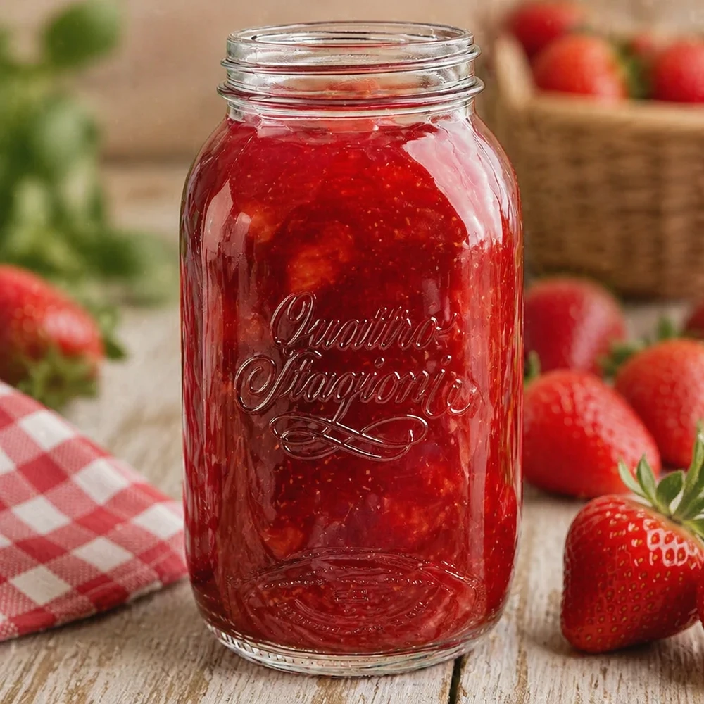 1500ml kulatá zavařovací sklenice "Quattro Stagioni" QS86mm 1500ml Quattro Stagioni Haushaltsglas mit Erdbeerkonfitüre gefüllt umgeben von frischen Erdbeeren auf Holztisch