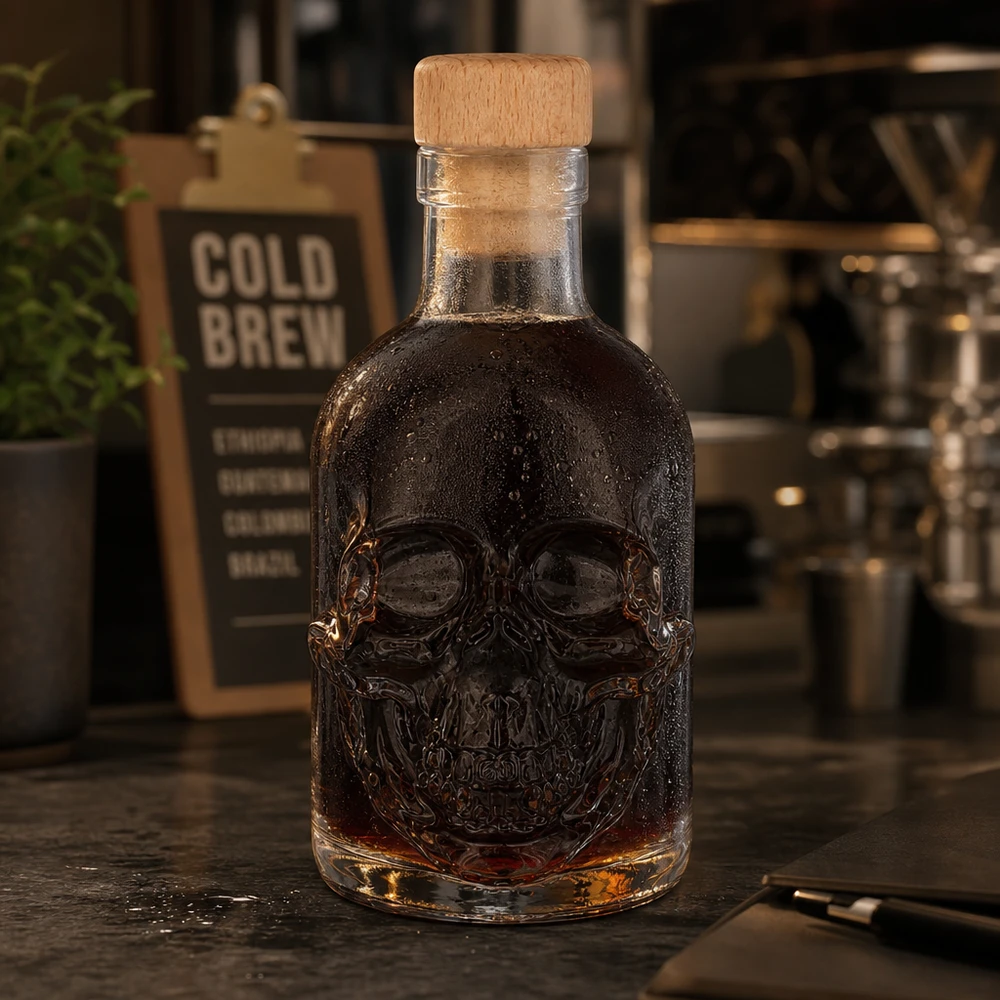 Totenkopf-Glasflasche Jack 200ml mit dunkler Spirituose in Café-Atmosphäre, Cold Brew Schild im Hintergrund