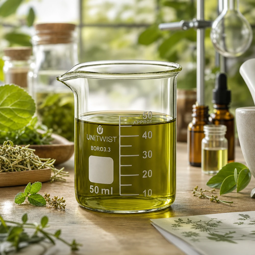 Kádinka 50ml borosilikátová, nízká forma UNiTWIST Transparentes Becherglas UNiTWIST 50ml niedrige Form mit olivgrünem Pflanzenöl auf Holzunterlage