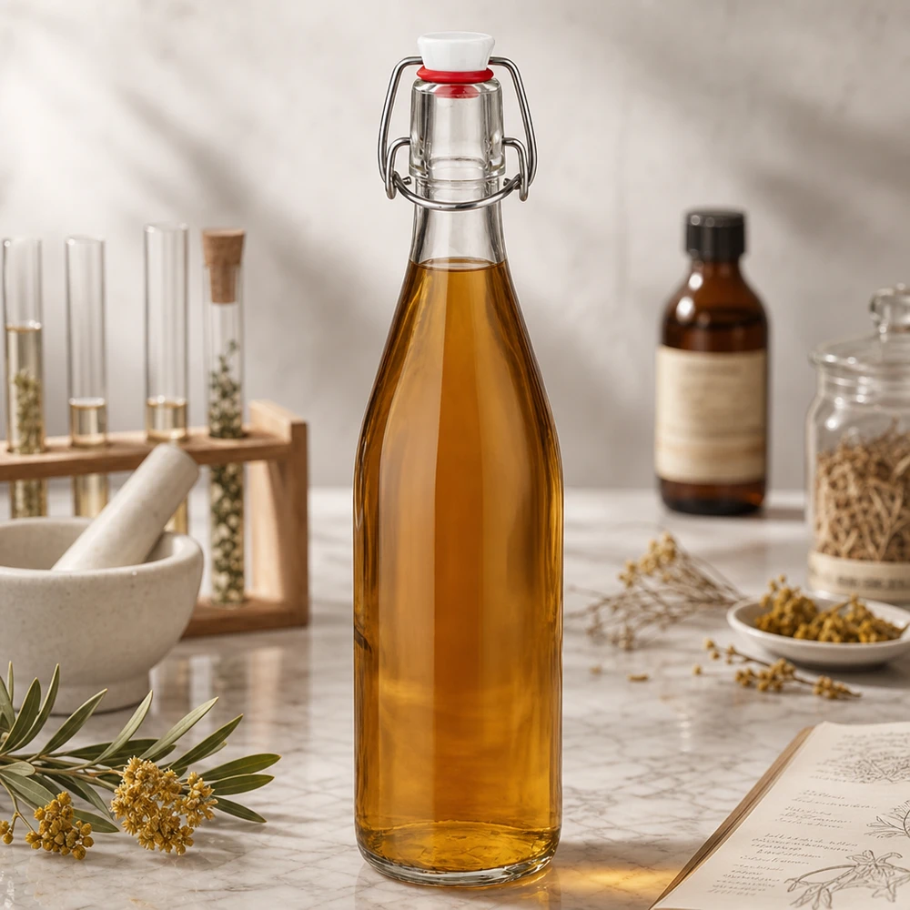 Skleněná láhev 500ml + otočný vršek z porcelánu UNiTWIST - zde. 500ml Glasflasche Bügelverschluss mit goldener Flüssigkeit in Naturkosmetik-Labor neben Kräutern und Ölen