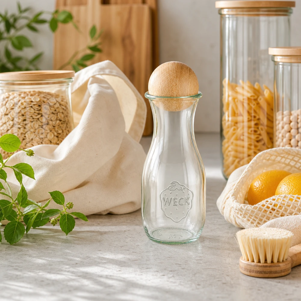530ml láhev na džus WECK RR60 s dřevěnou kuličkou buk WECK Saftflasche 530ml mit Holzkugel in nachhaltiger Zero-Waste Küche neben Jutebeutel und Vorratsgläsern