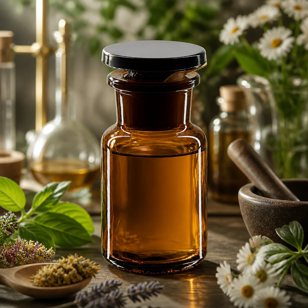 Láhev s kulatým ramenem 50ml hnědá skleněná zátka se širokým hrdlem Apotheken Rundflasche 50ml braun Weithals mit Stopfen umgeben von Kräutern und Blüten