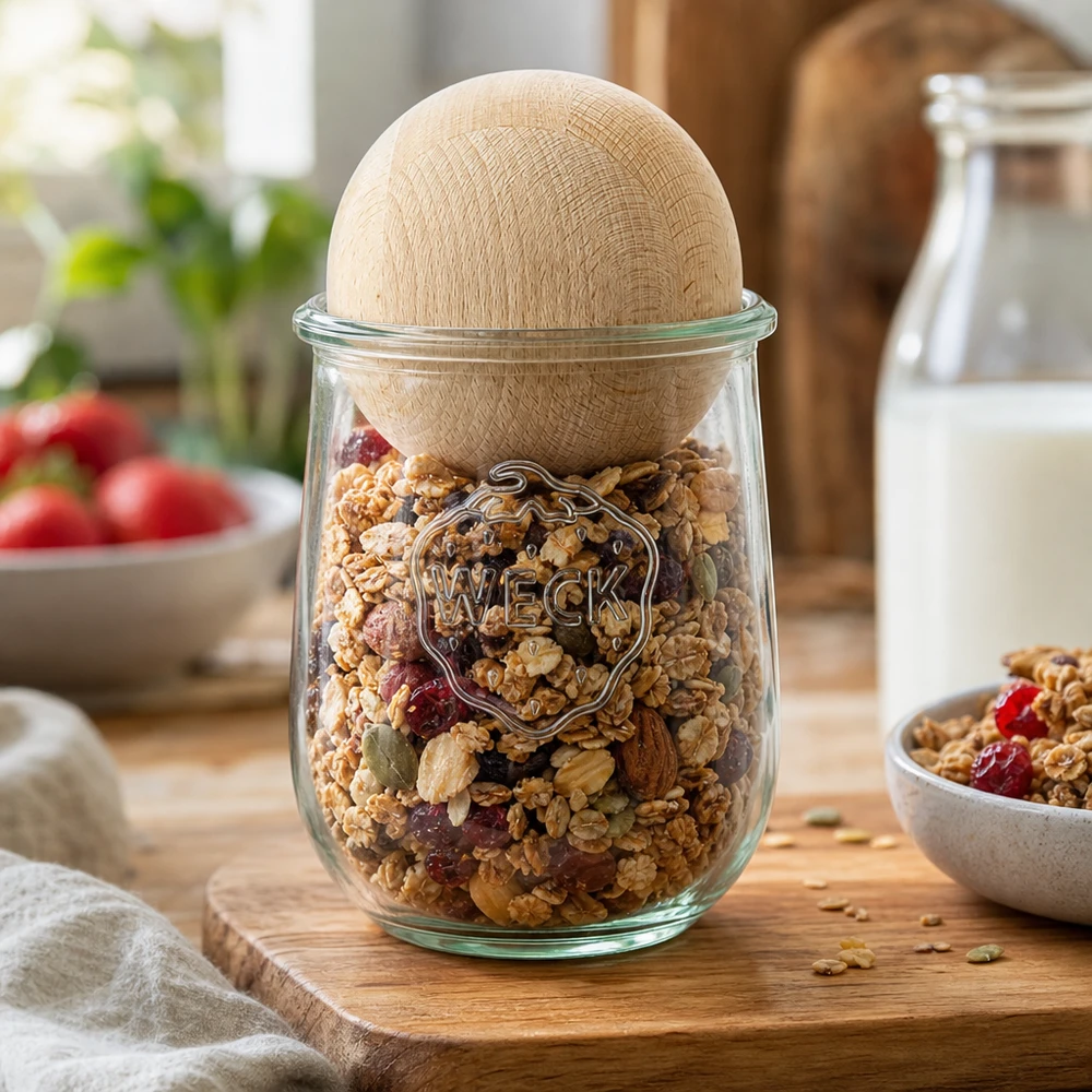 WECK Vorratsglas 1062ml RR100 gefüllt mit Müsli und Nüssen zeigt praktische Küchenlagerung mit Buchenholzkugel