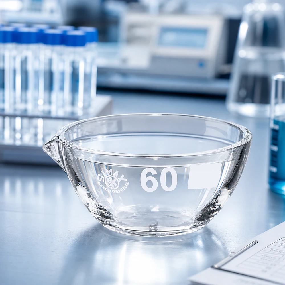 Zásobník na páry o objemu 45 ml s borosilikátovou výlevkou ø60 mm Laborqualität Abdampfschale 45ml mit Ausguss aus chemisch beständigem Borosilikat Glas