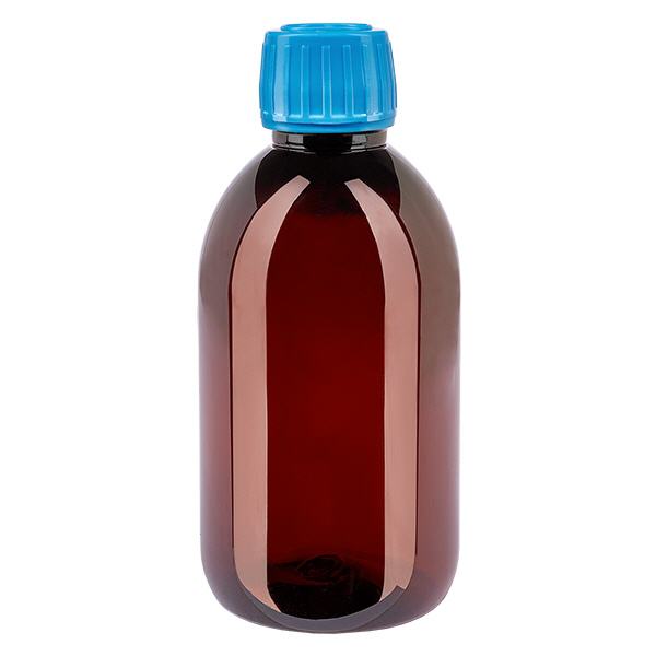 PET l&#225;hev 250ml s modr&#253;m uz&#225;v&#283;rem, kter&#253; je odoln&#253; proti manipulaci.