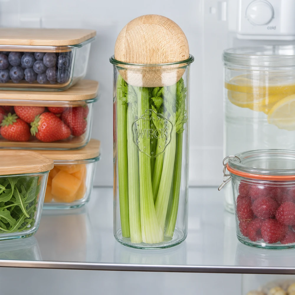 WECK Sturzglas 1500ml RR100 im Kühlschrank mit Sellerie, Holzkugel-Deckel Buche, Frischhaltung von Gemüse