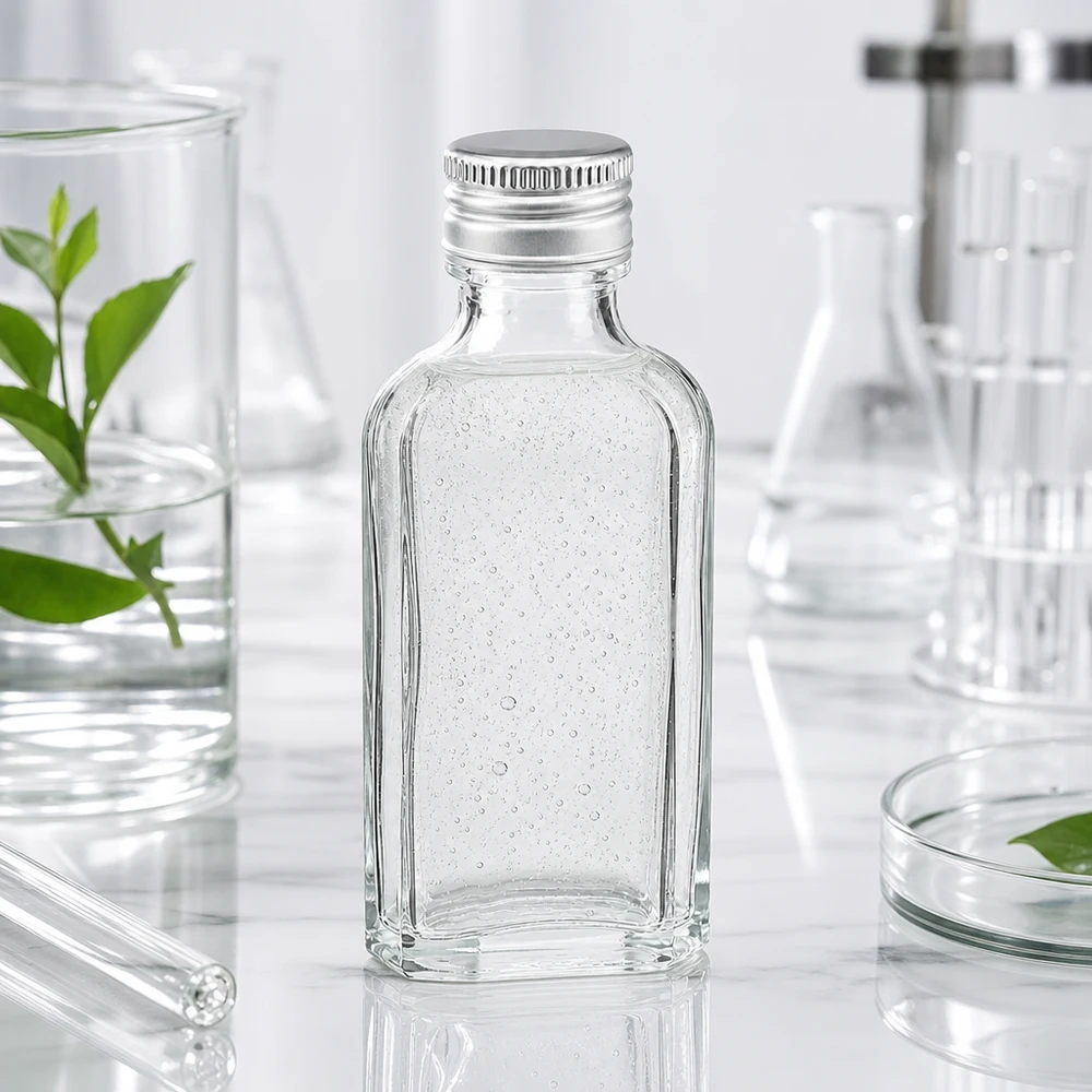 50 ml Meplat čirý s hliníkovým uzávěrem stříbrný PP22 Miniatur Meplat Glasflasche 50ml klar mit silbernem PP22 Aludeckel neben Laborgeräten