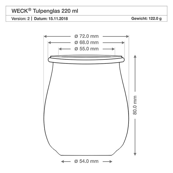 220ml tulipánová sklenice WECK RR60 s korkem přírodní Technische Zeichnung WECK Tulpenglas 220ml RR60 mit Maßangaben und Abmessungen - Produktspezifikation Einmachglas