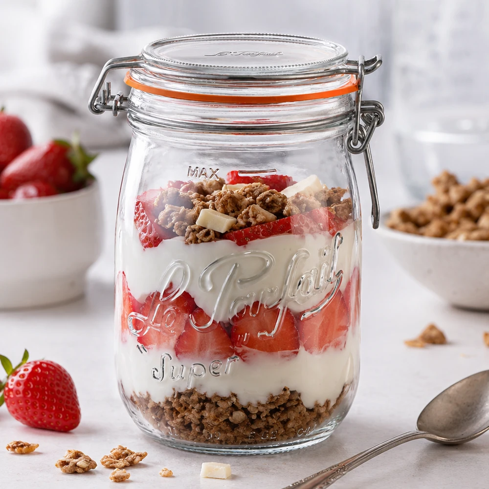 1000ml Vorratsglas "Super" mit Bügelverschluss Le Parfait® 1000ml Le Parfait Super Vorratsglas mit Bügelverschluss gefüllt mit Joghurt Erdbeeren und Müsli als Dessert