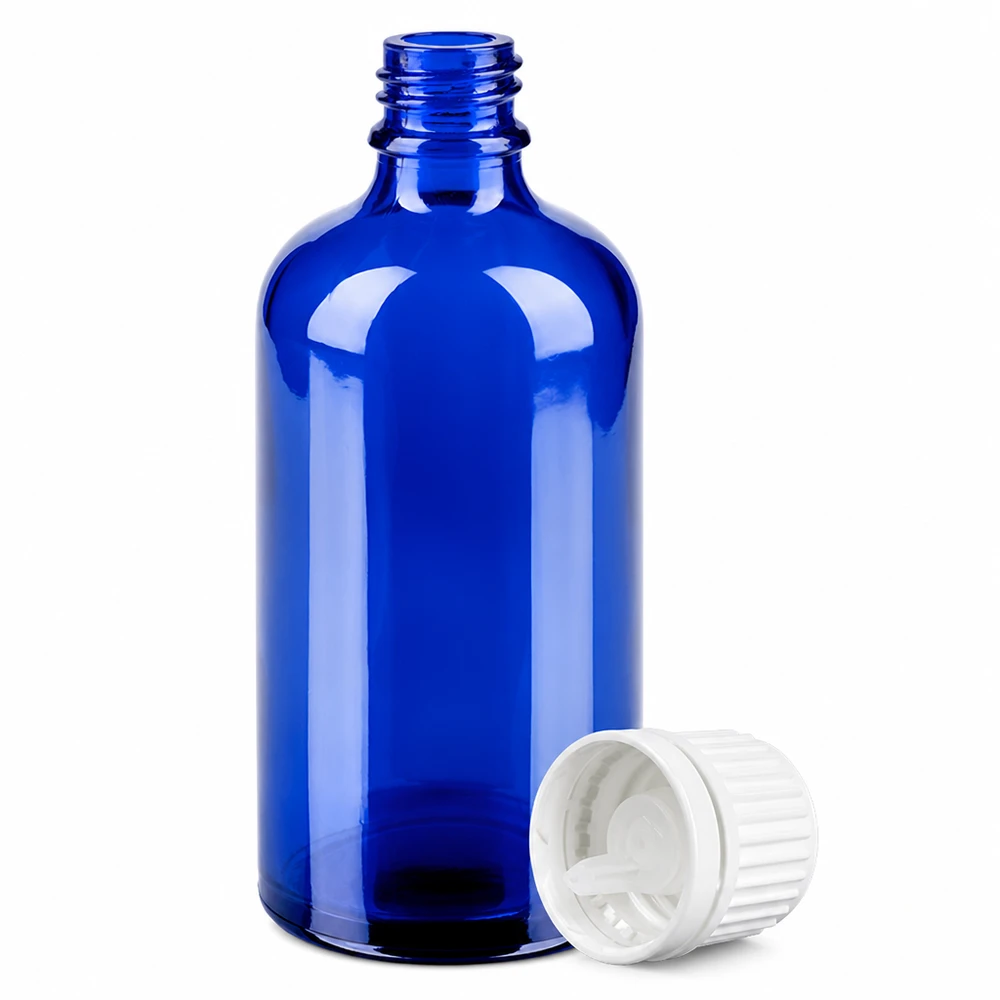 100ml lahvička s kapátkem 0,7 mm s bílým uzávěrem BlueLine UT18/100 Nachfüllbare Glasflasche 100ml blau mit weißem Tropfdeckel für DIY Kosmetik und Seren