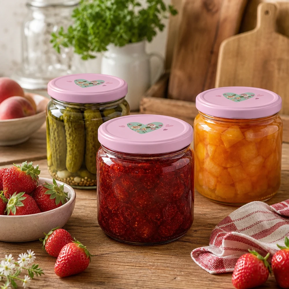 330ml kulatá sklenice + víčko BasicSeal srdíčková růžová UNiTWIST Drei 330ml Rundgläser mit rosa BasicSeal Herz-Deckeln gefüllt mit Gurken, Erdbeermarmelade und Aprikosen-Konfitüre