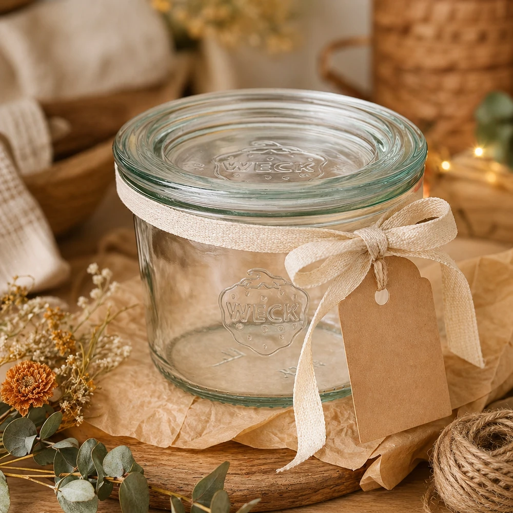 80ml zavařovací sklenice se skleněným víčkem WECK RR60 s dřevěným víčkem WECK Sturzglas 80ml RR60 dekorativ inszeniert mit Geschenkband Anhänger und Herbstdeko auf Holztisch