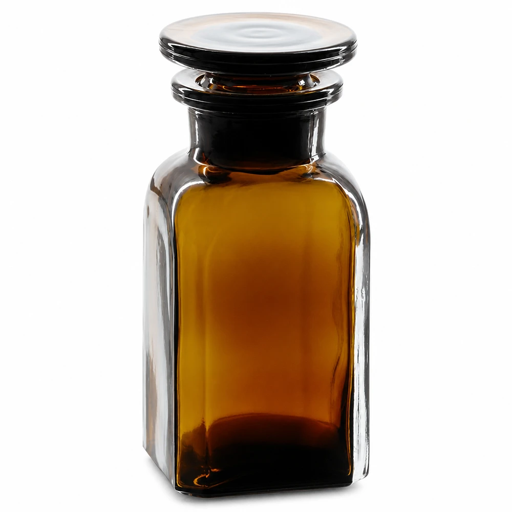 Braune Weithalsflasche 100ml viereckig mit Glasdeckel aus hochwertigem Apothekerglas