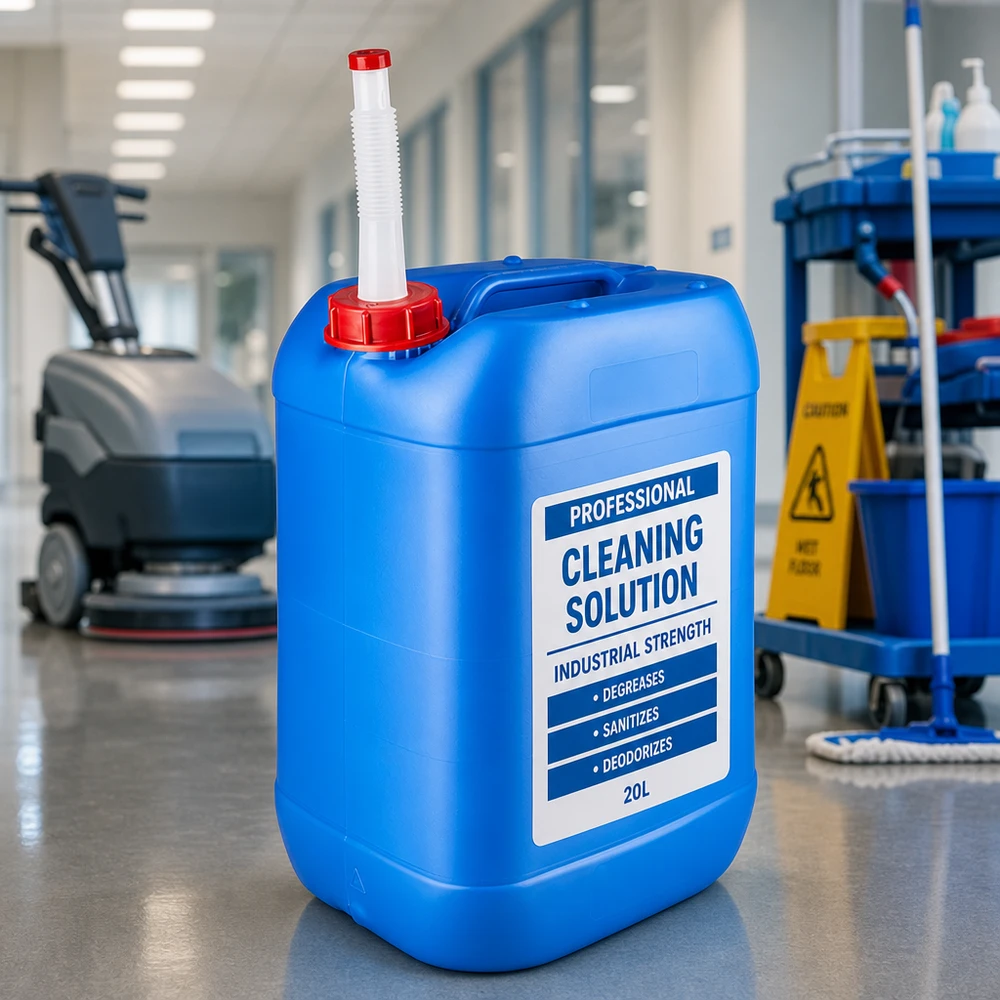 Großkanister 25L blau mit weißem Biegerohr und rotem Sicherheitsverschluss für Reinigungsmittel