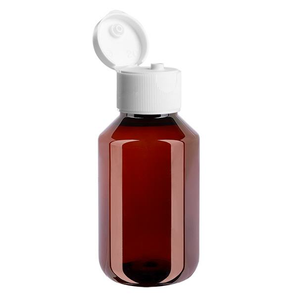 PET láhev 100 ml s bílým flip-top uzávěrem. PET láhev 100 ml s bílým flip-top uzávěrem.