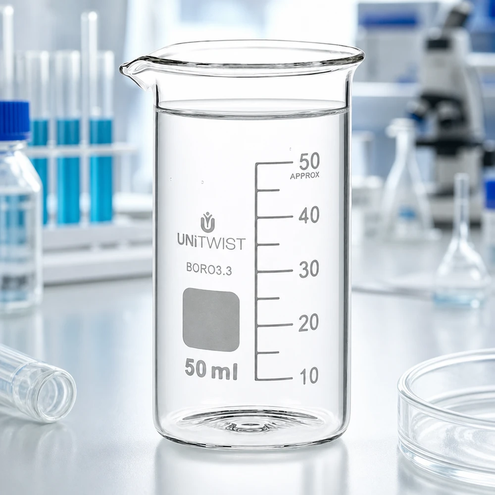 Kádinka 50ml borosilikátová, vysoká forma UNiTWIST Chemieglas 50ml hohe Form UNITWIST Borosilikat 3.3 mit grauer Skala und quadratischem Etikett