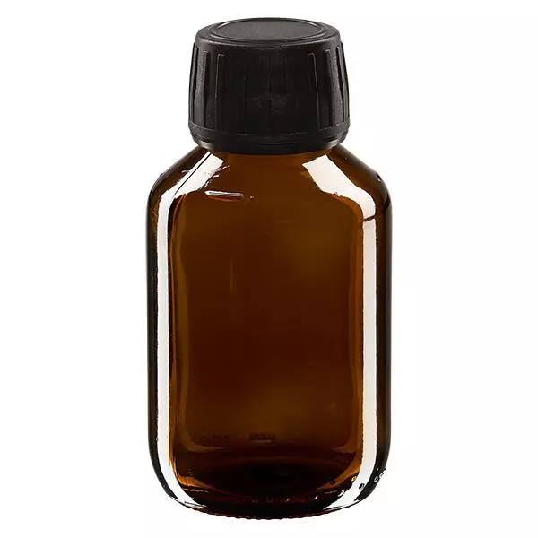 100ml lahvička na léky hnědá, uzávěr černý s tamper-evidentním kroužkem ApoGlas