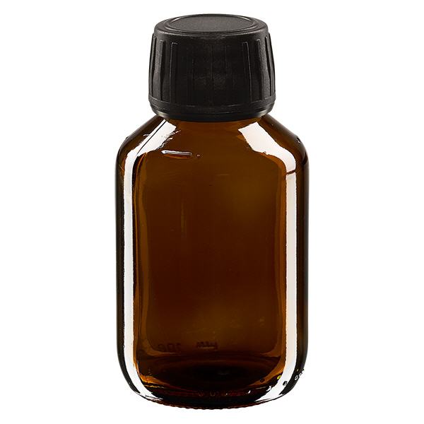 100ml lahvička na léky hnědá, uzávěr černý s tamper-evidentním kroužkem ApoGlas 100ml lahvička na léky hnědá, uzávěr černý s tamper-evidentním kroužkem ApoGlas