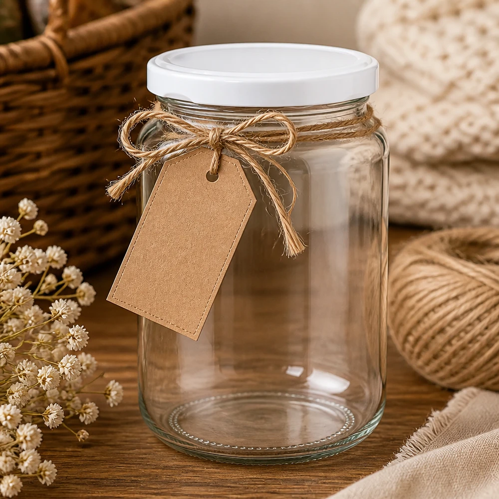 382ml kulatá sklenice s víčkem BasicSeal bílá UNiTWIST 382ml UNiTWIST Rundglas leer dekoriert mit Juteschnur und Geschenkanhänger auf Holztisch mit getrockneten Blumen