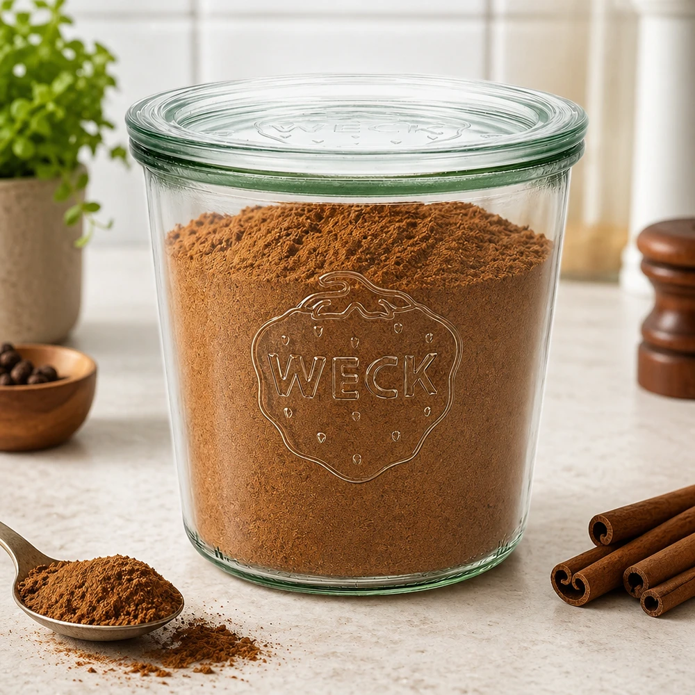 WECK Sturzglas 580ml RR100 gefüllt mit Kakaopulver und Zimt auf Arbeitsplatte für Gewürz Vorratshaltung